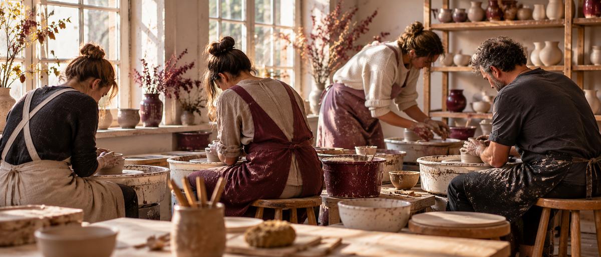 Quatre personnes concentrées devant des tours de potier dans l’atelier, tabliers colorés et mains dans la terre