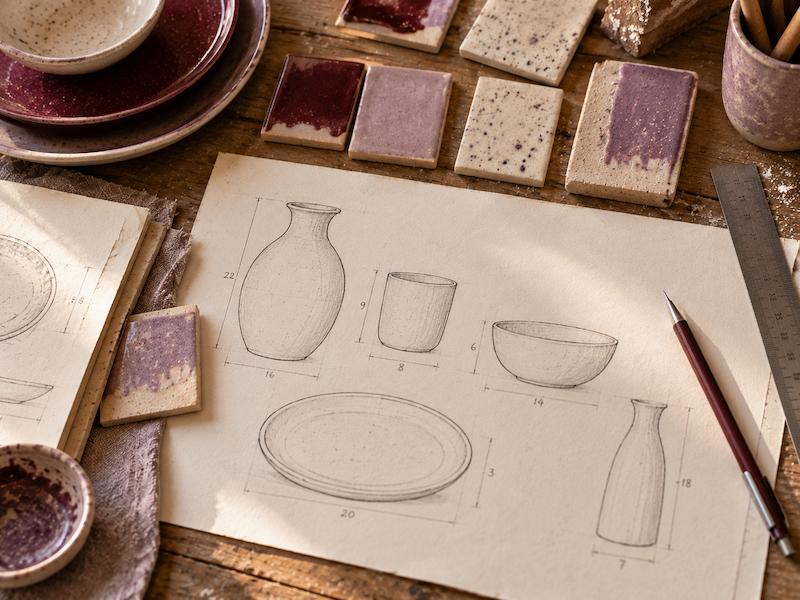 Esquisses au crayon de vases et d’assiettes, avec des échantillons d’émail